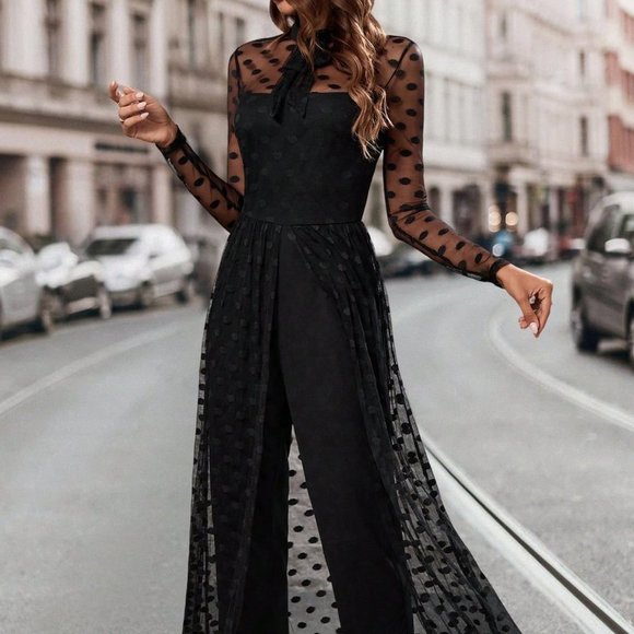 . Pants - Black Preppy Women's Patchwork Mesh Wide Leg Jumpsuit